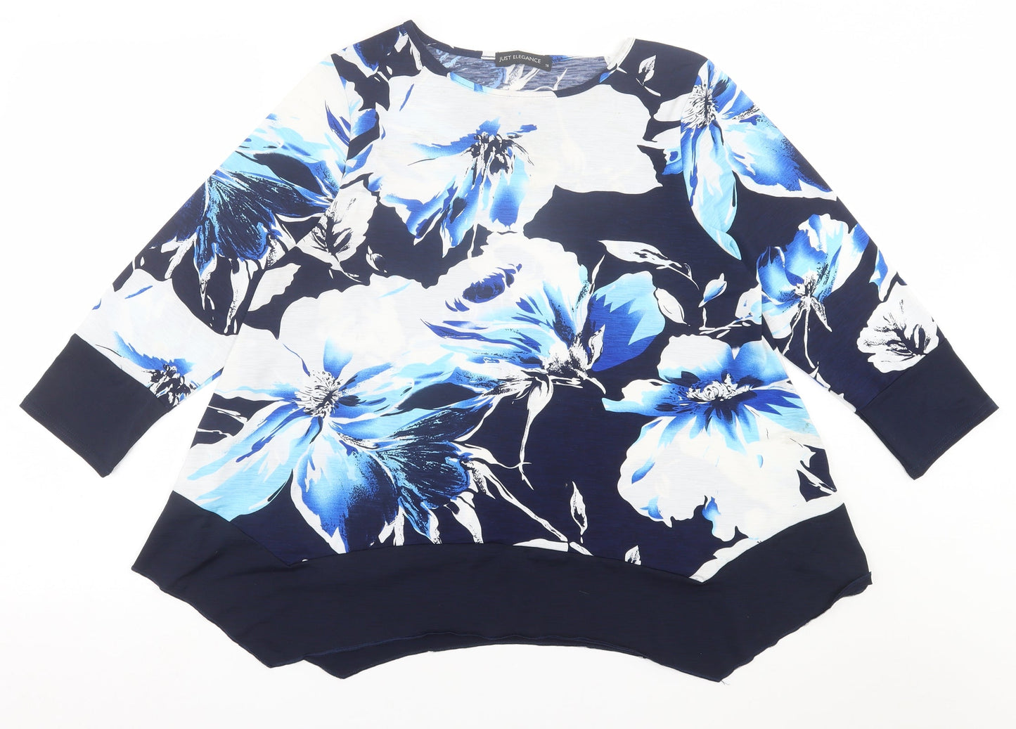 Just Elegance Womens Blue Geometric Polyester Basic Blouse Size 16 Crew Neck