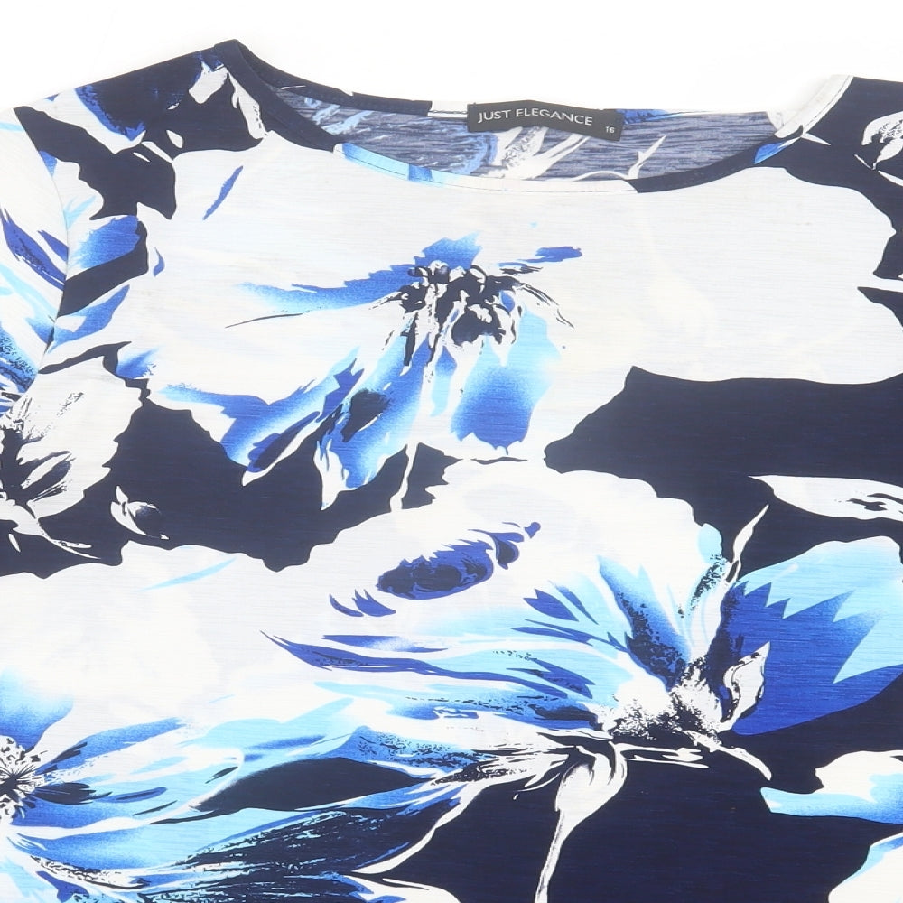 Just Elegance Womens Blue Geometric Polyester Basic Blouse Size 16 Crew Neck