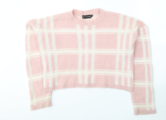 PRETTYLITTLETHING Womens Pink Round Neck Plaid Acrylic Pullover Jumper Size 8   - cropped