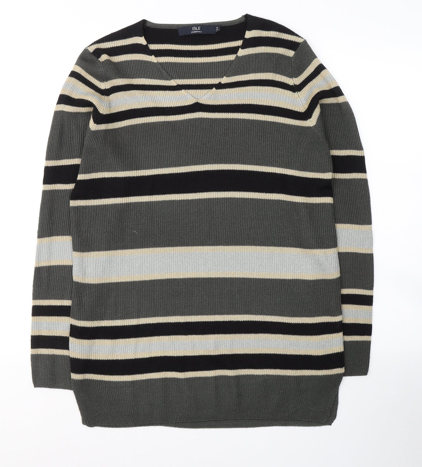 Isle Womens Grey V-Neck Striped Acrylic Pullover Jumper Size M