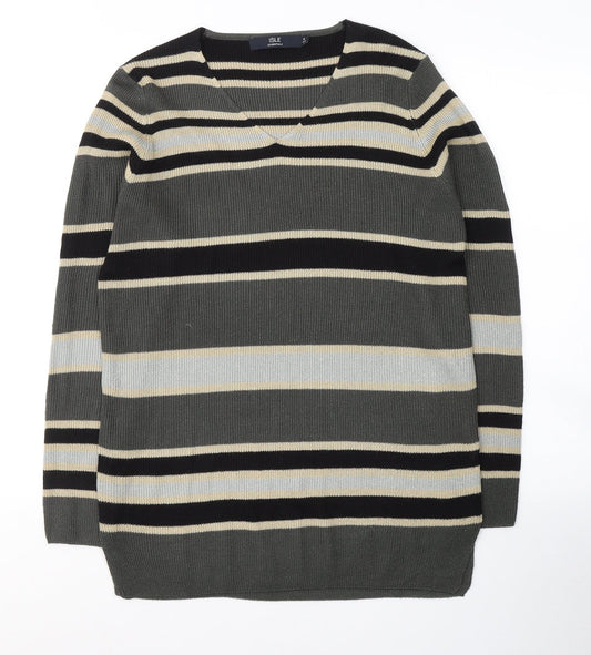 Isle Womens Grey V-Neck Striped Acrylic Pullover Jumper Size M