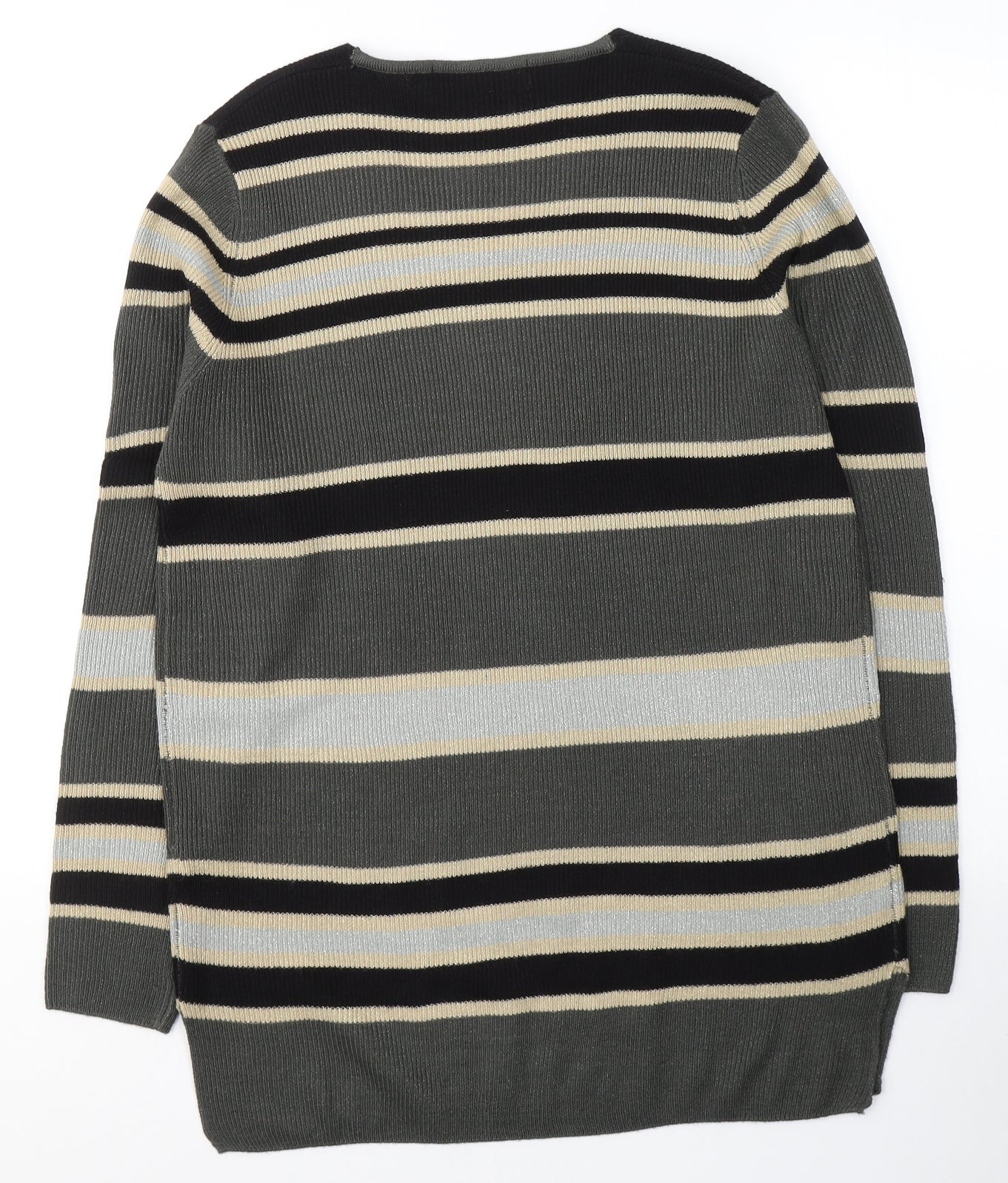 Isle Womens Grey V-Neck Striped Acrylic Pullover Jumper Size M