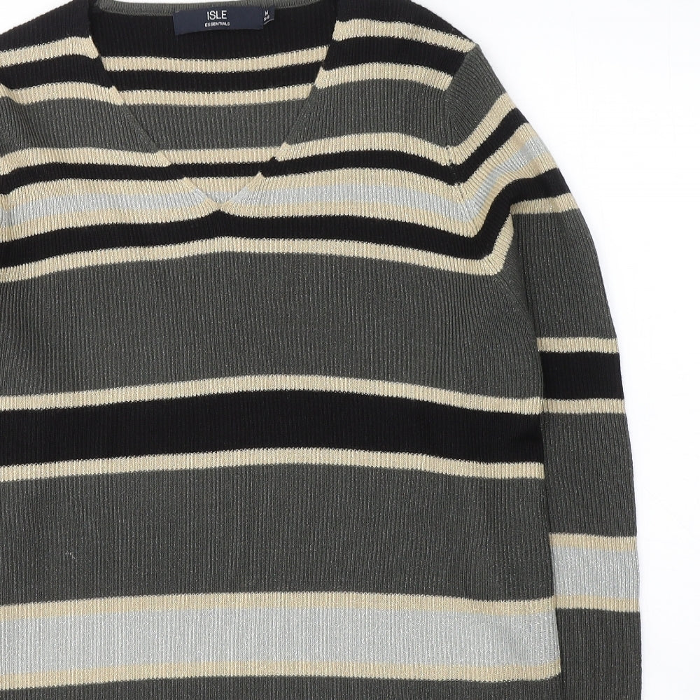Isle Womens Grey V-Neck Striped Acrylic Pullover Jumper Size M