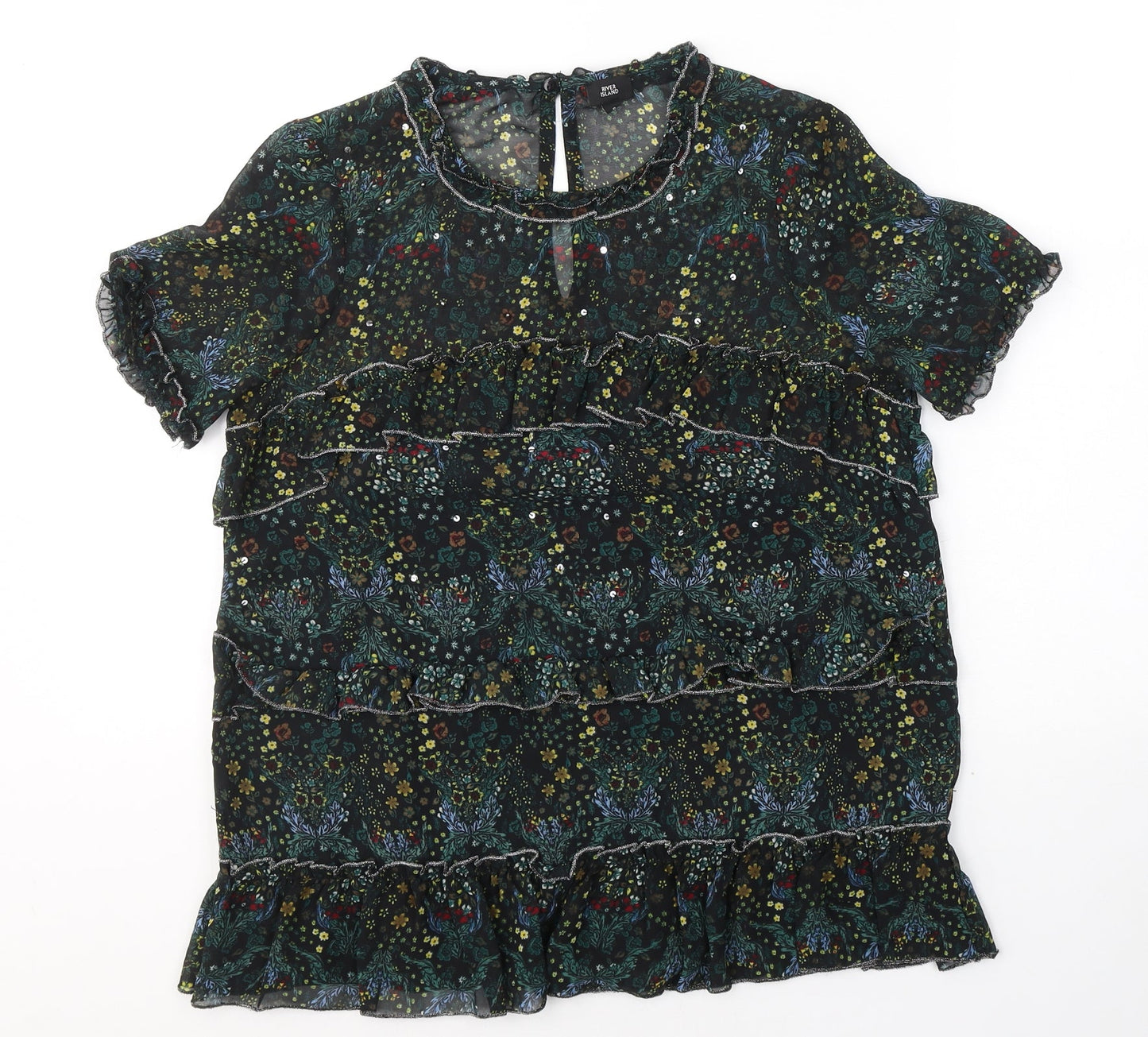 River Island Womens Black Floral Polyester Basic Blouse Size 8 Round Neck