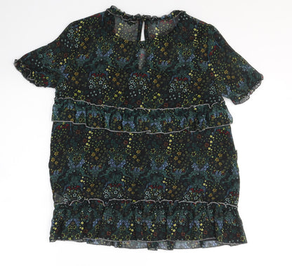 Preloved River Island Womens Black Floral Polyester Basic Blouse Size 8 Round Neck - Back