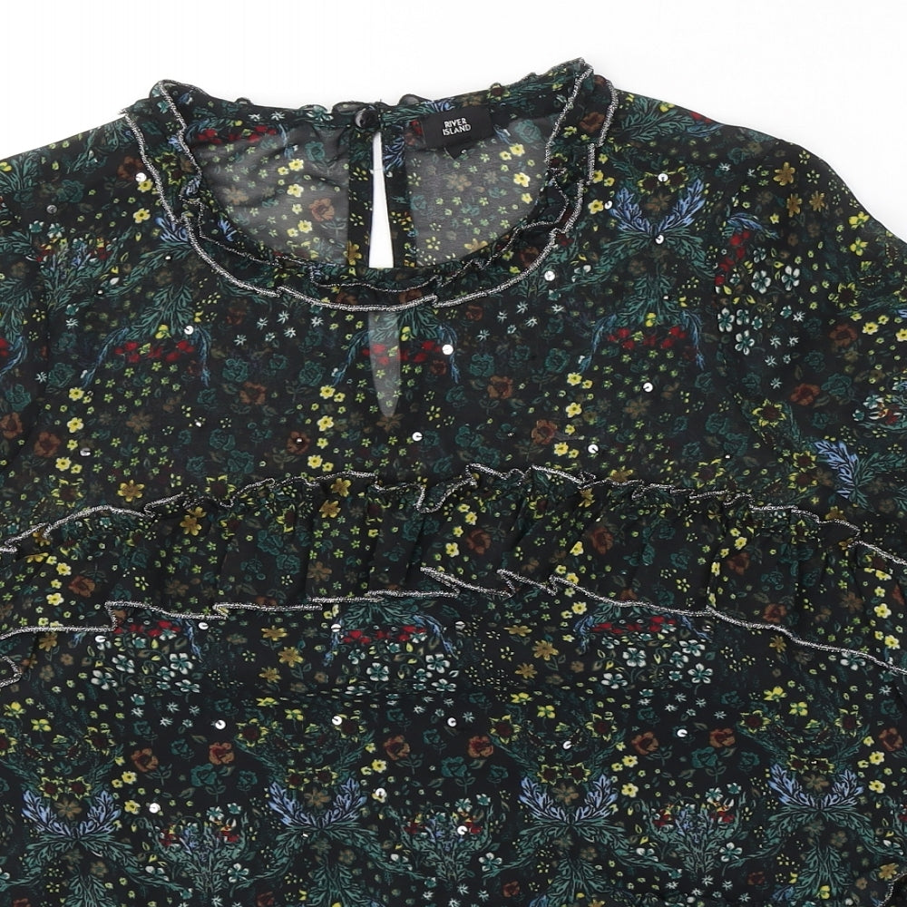 River Island Womens Black Floral Polyester Basic Blouse Size 8 Round Neck