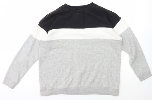 New Look Womens Grey Crew Neck Striped Cotton Pullover Jumper Size M
