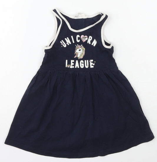 H&M Girls Blue  Cotton A-Line  Size 2 Years  Scoop Neck Pullover - Unicorn