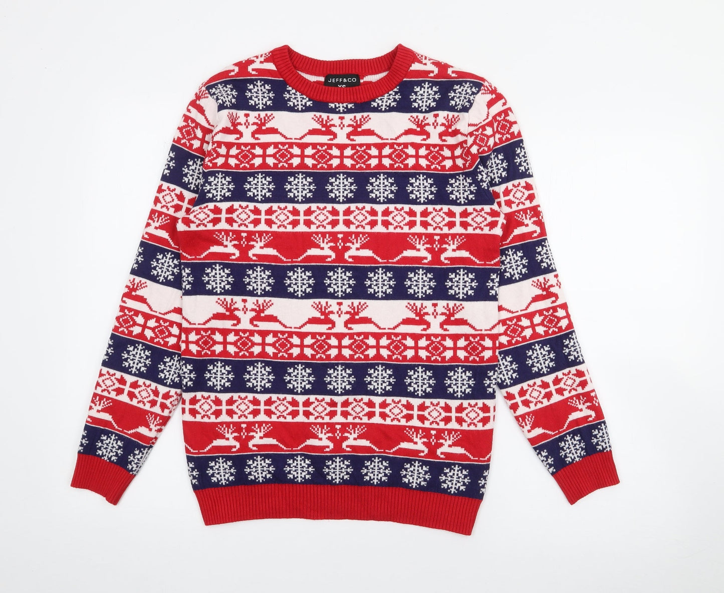 Jeff & Co Mens Red Crew Neck Fair Isle Viscose Pullover Jumper Size XS
