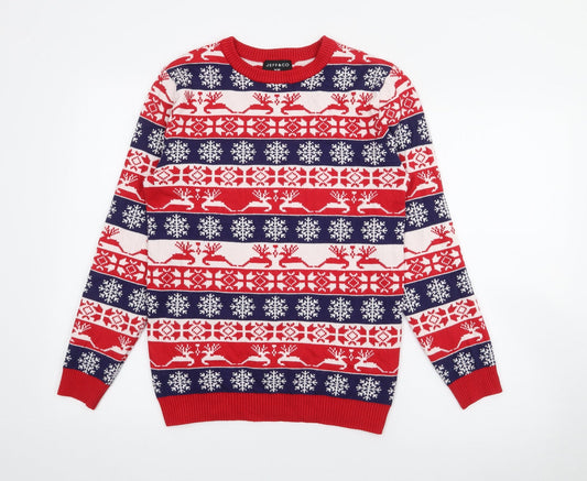 Jeff & Co Mens Red Crew Neck Fair Isle Viscose Pullover Jumper Size XS