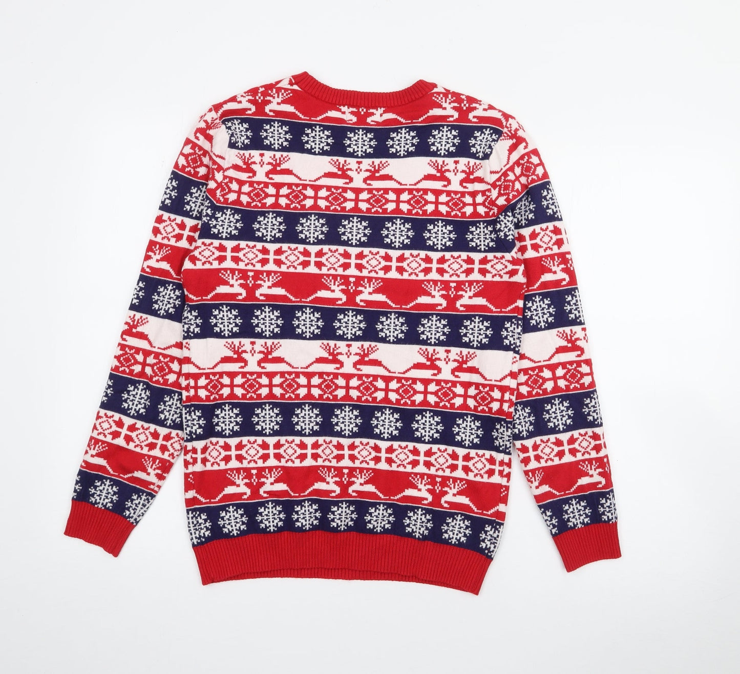Jeff & Co Mens Red Crew Neck Fair Isle Viscose Pullover Jumper Size XS