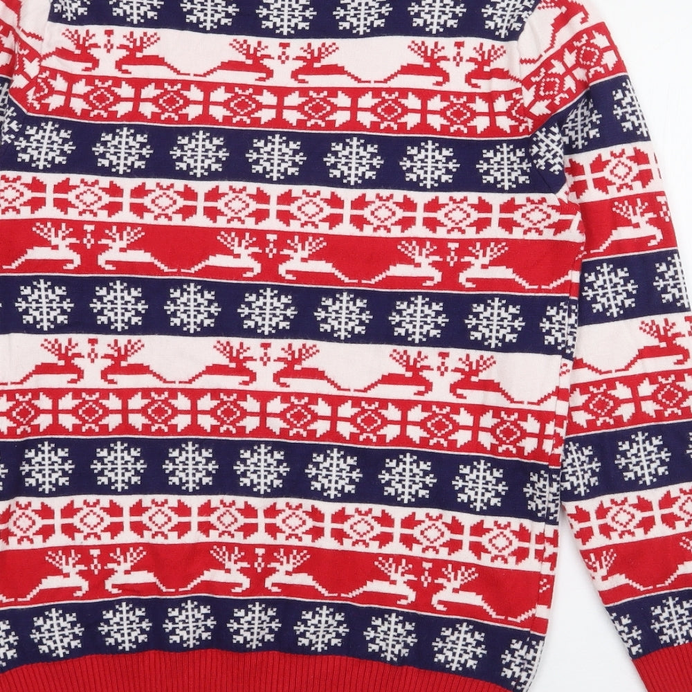 Jeff & Co Mens Red Crew Neck Fair Isle Viscose Pullover Jumper Size XS