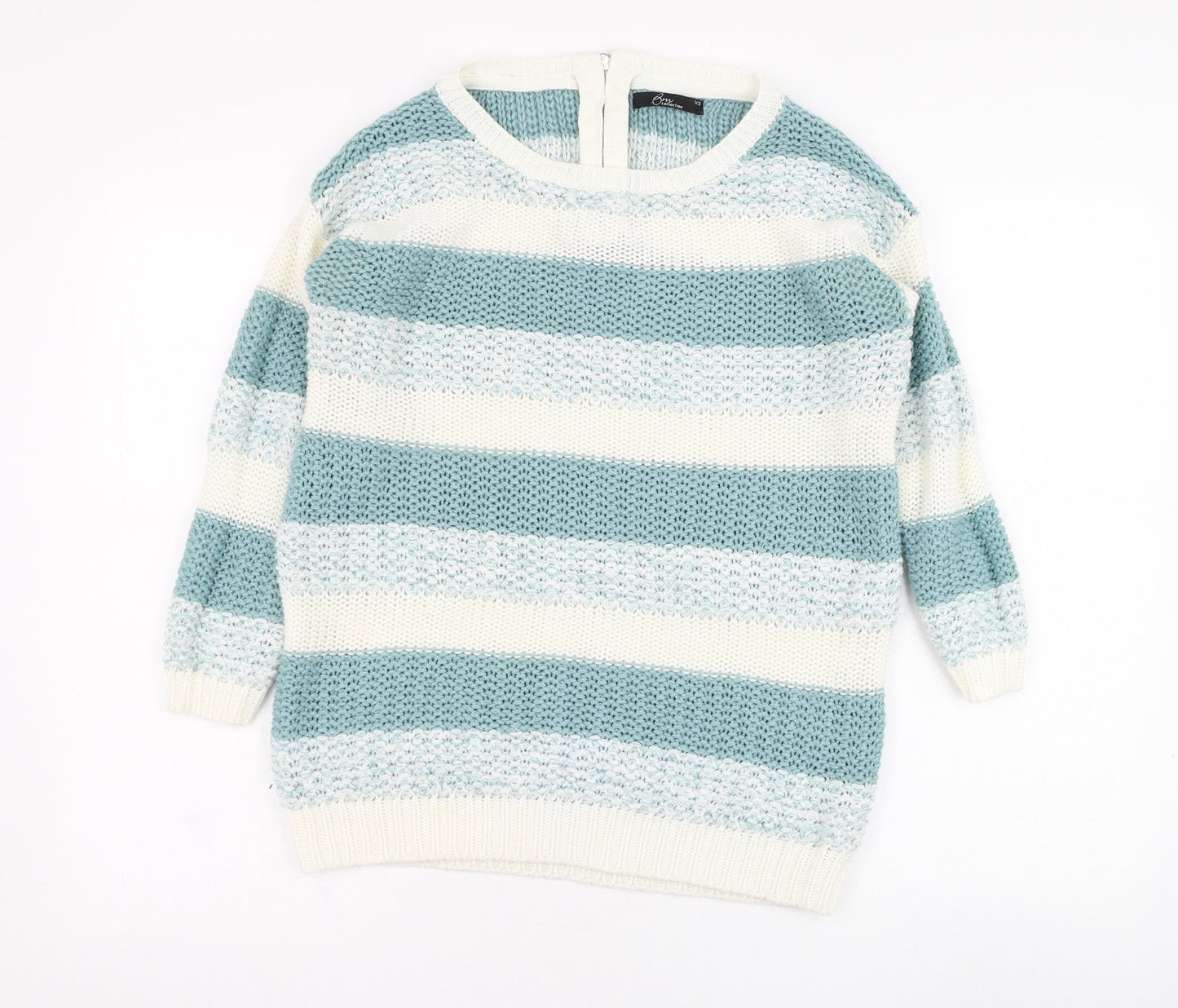 BM Womens Blue Round Neck Striped Acrylic Pullover Jumper Size XS