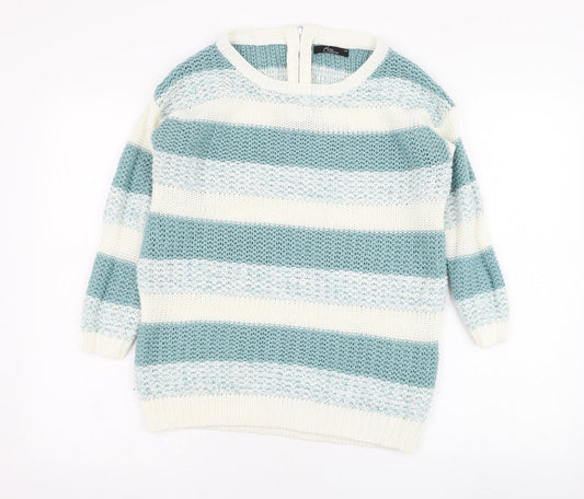 BM Womens Blue Round Neck Striped Acrylic Pullover Jumper Size XS