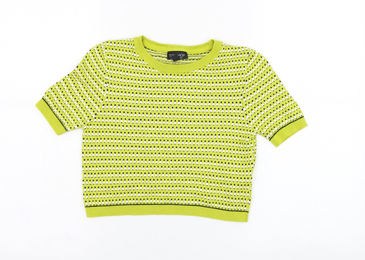 Topshop Womens Yellow Round Neck Houndstooth Cotton Pullover Jumper Size 8