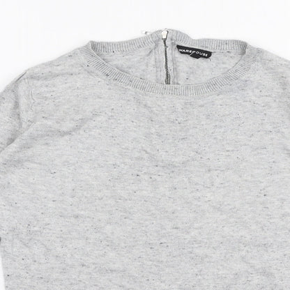 Warehouse Womens Grey Round Neck  Cotton Pullover Jumper Size 6