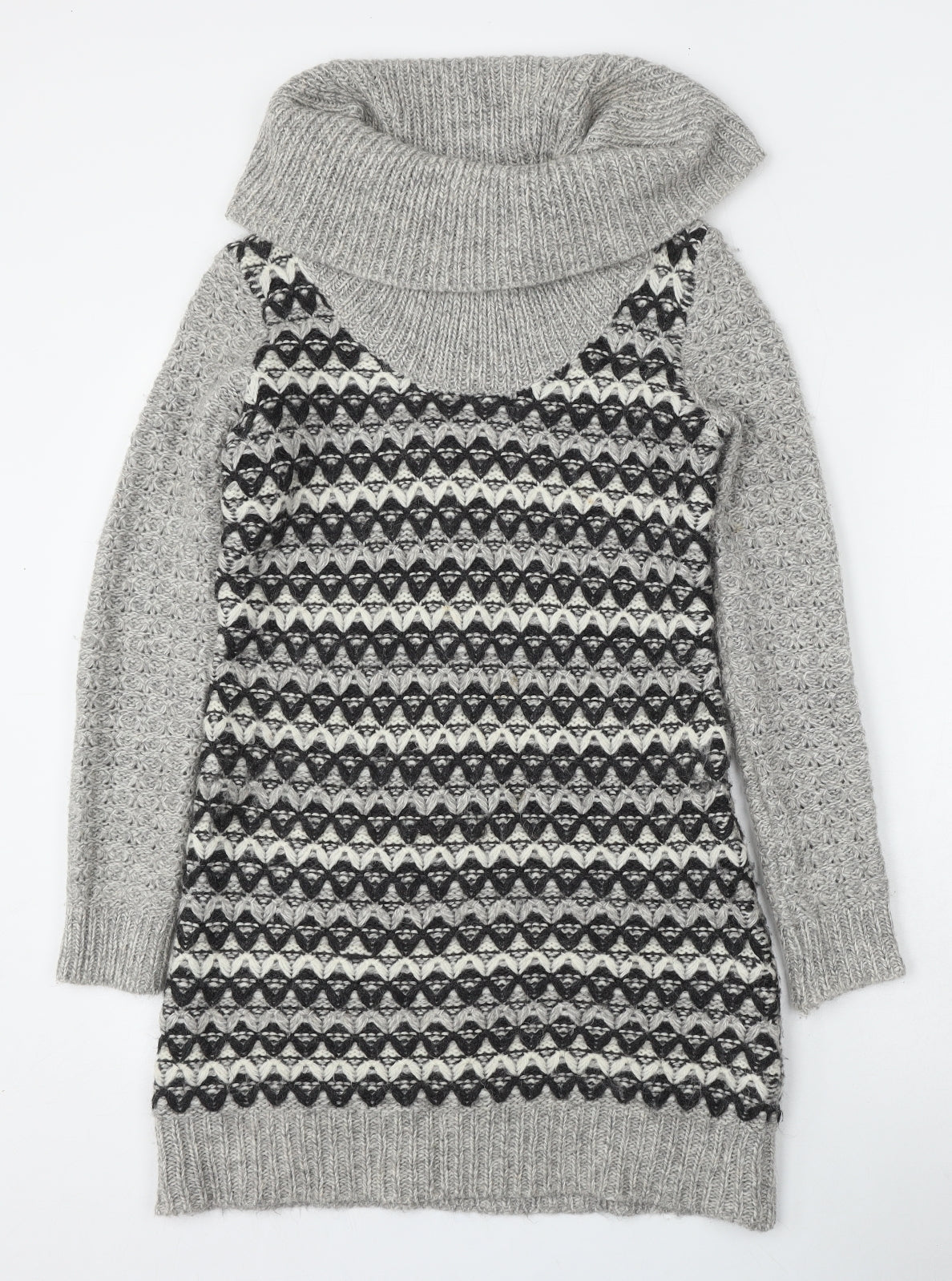 Ken Womens Grey Roll Neck Geometric Acrylic Pullover Jumper Size XS