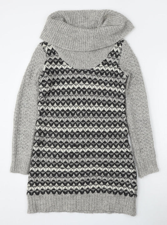 Ken Womens Grey Roll Neck Geometric Acrylic Pullover Jumper Size XS