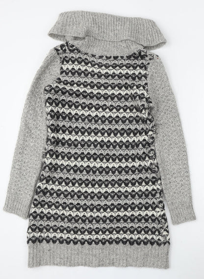 Ken Womens Grey Roll Neck Geometric Acrylic Pullover Jumper Size XS