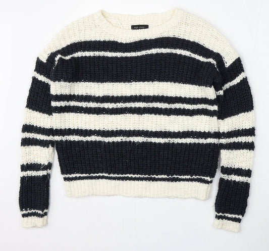 New Look Womens White Round Neck Striped Acrylic Pullover Jumper Size 8