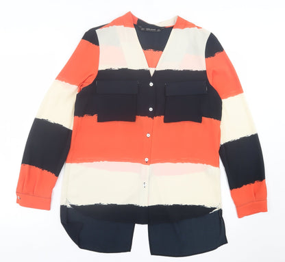 Zara Womens Orange Striped Polyester Basic Button-Up Size S V-Neck