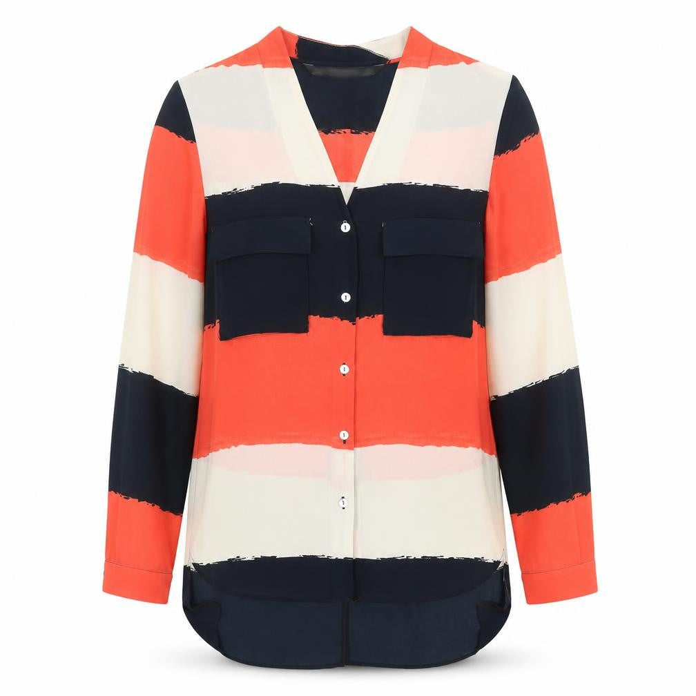 Zara Womens Orange Striped Polyester Basic Button-Up Size S V-Neck