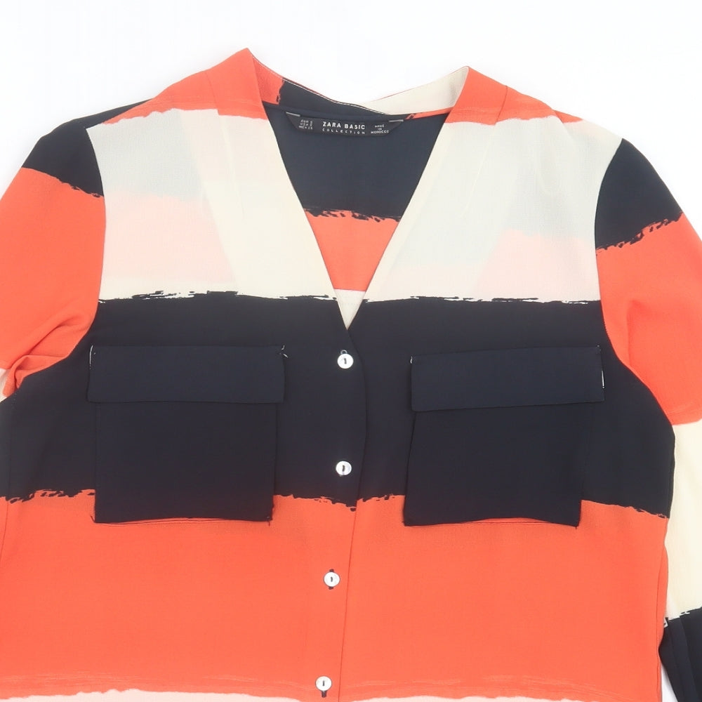 Zara Womens Orange Striped Polyester Basic Button-Up Size S V-Neck