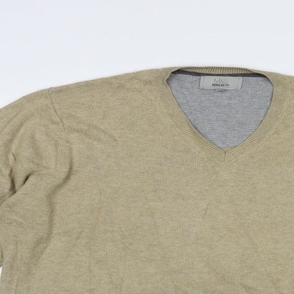 Marks & Spencer Mens Beige V-Neck  Cotton Pullover Jumper Size L