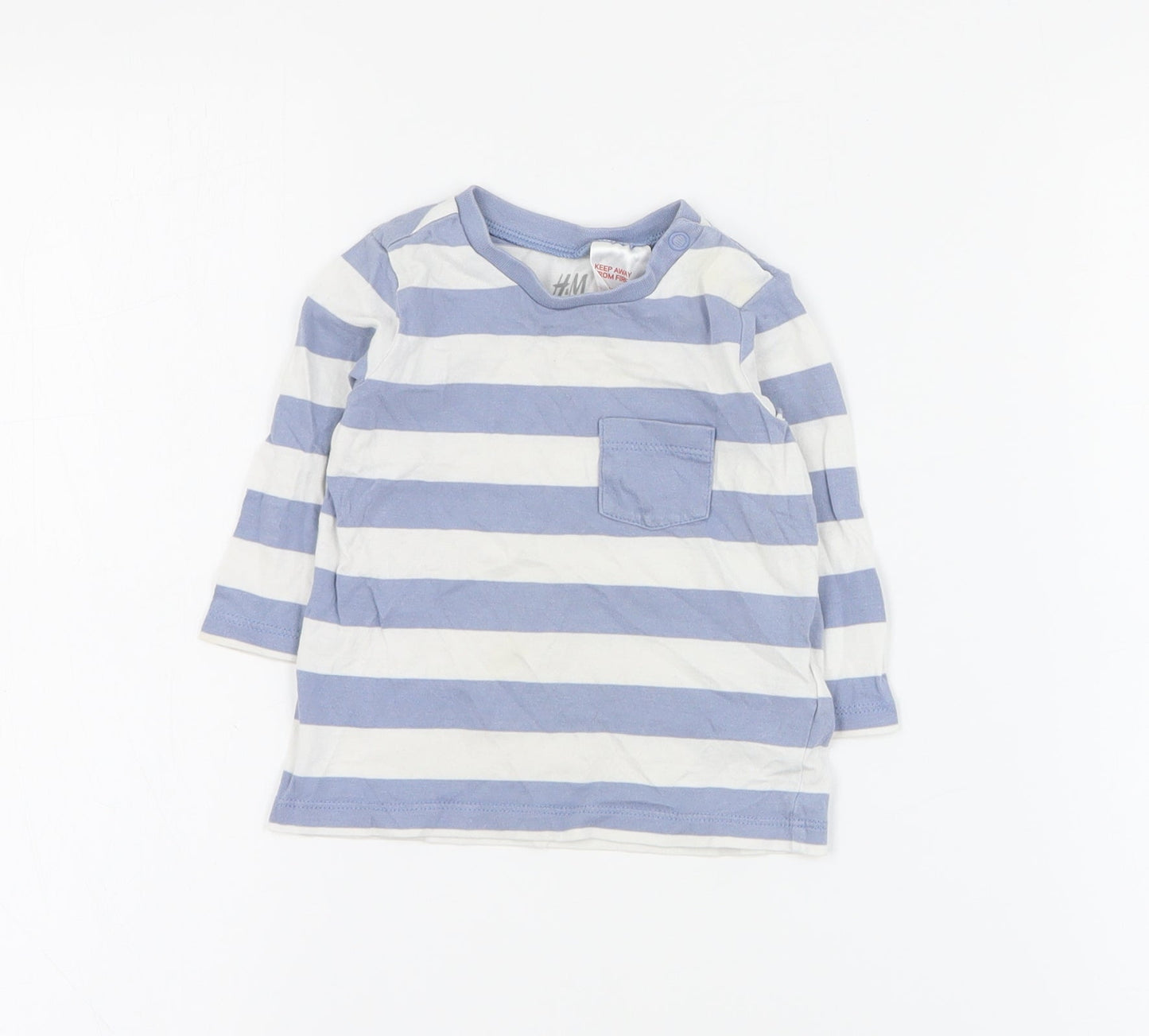 H&M Baby Blue Striped Cotton Basic T-Shirt Size 0-3 Months Crew Neck Snap