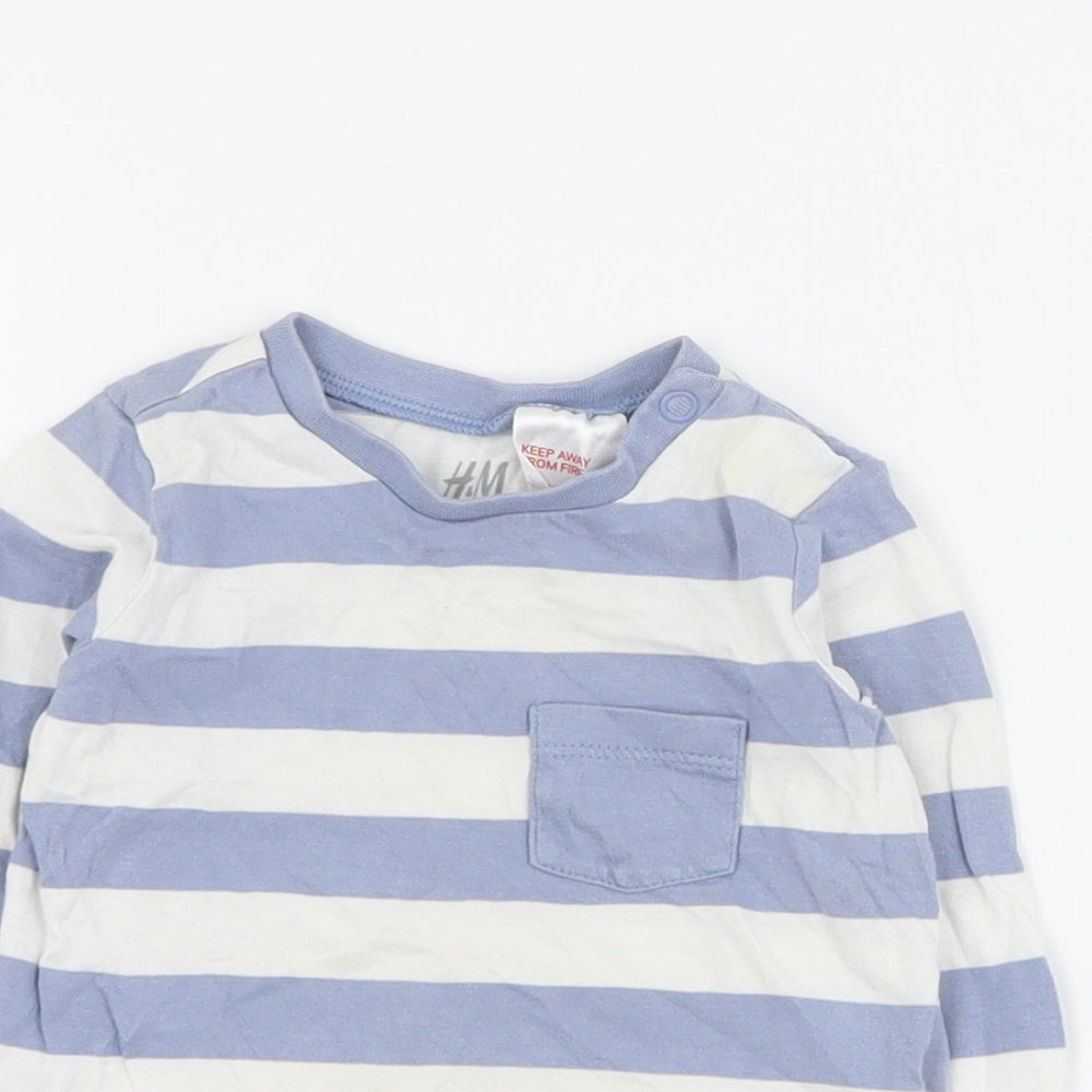 H&M Baby Blue Striped Cotton Basic T-Shirt Size 0-3 Months Crew Neck Snap