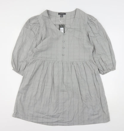 Preloved Primark Womens Grey Striped Cotton A-Line  Size 10  V-Neck - Front