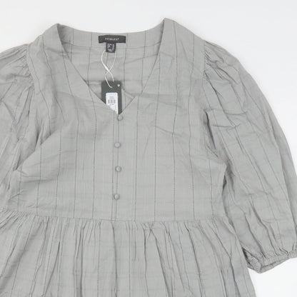 Preloved Primark Womens Grey Striped Cotton A-Line  Size 10  V-Neck - Detail