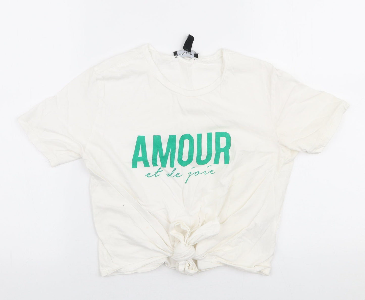 New Look Womens White  Cotton Cropped T-Shirt Size 6 Round Neck - Amour