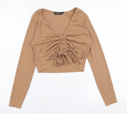 Preloved Boohoo Womens Brown  Polyester Basic Blouse Size 6 V-Neck - Front