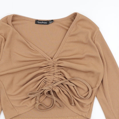 Preloved Boohoo Womens Brown  Polyester Basic Blouse Size 6 V-Neck - Detail