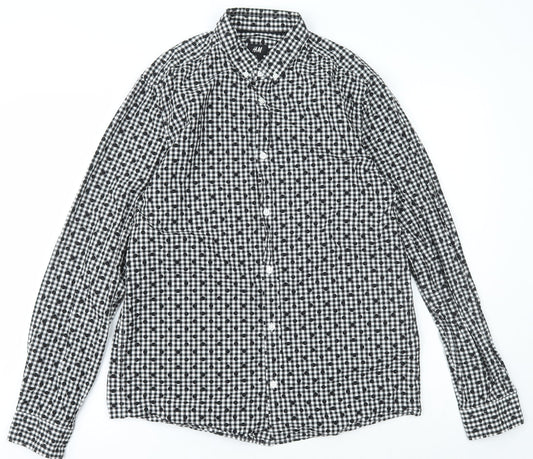 H&M Mens Black Check Cotton  Button-Up Size M Collared Button