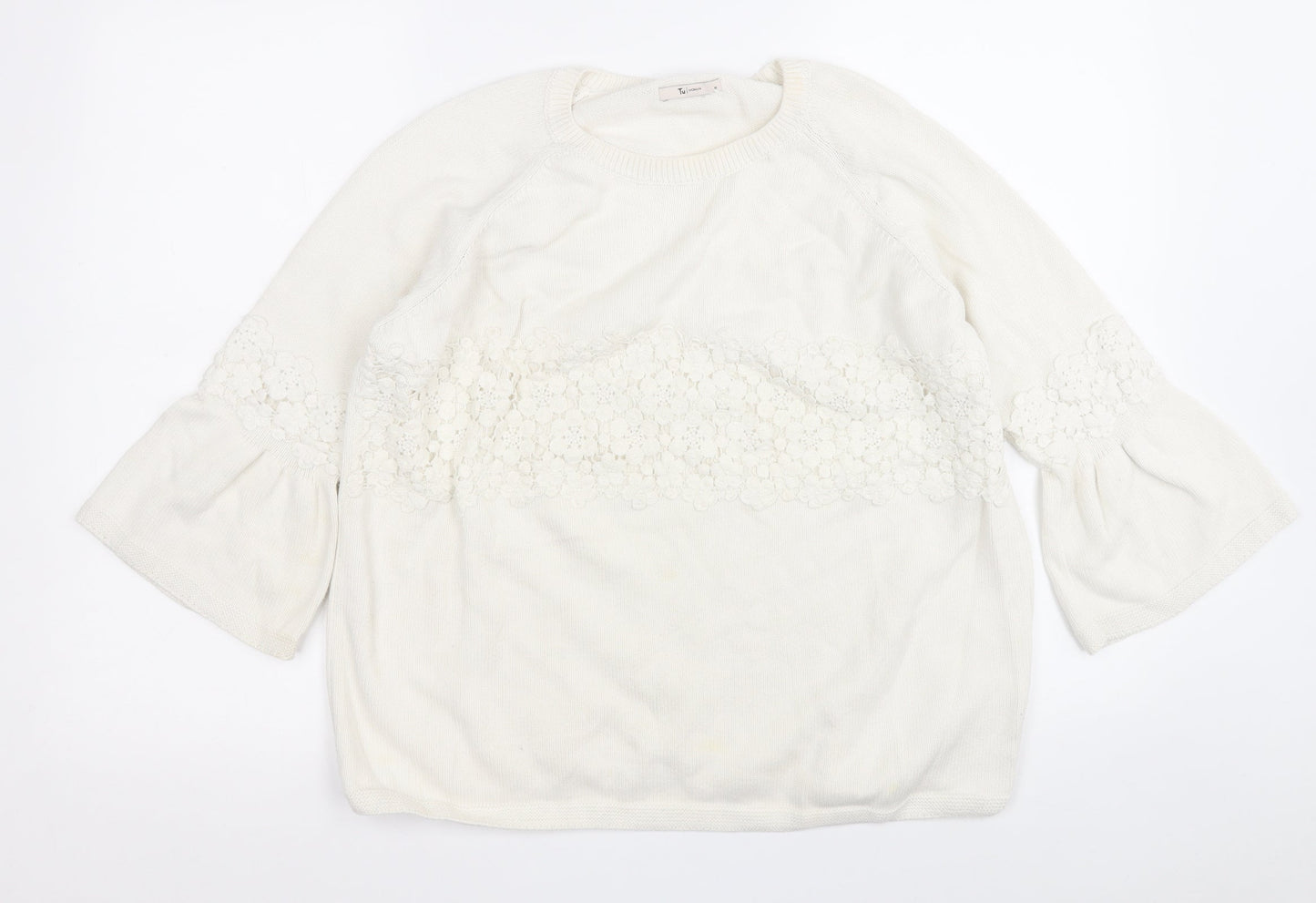 TU Womens White Round Neck Floral Cotton Pullover Jumper Size 18