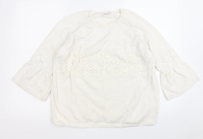 Tu Womens White Round Neck Floral Cotton Pullover Jumper Size 18