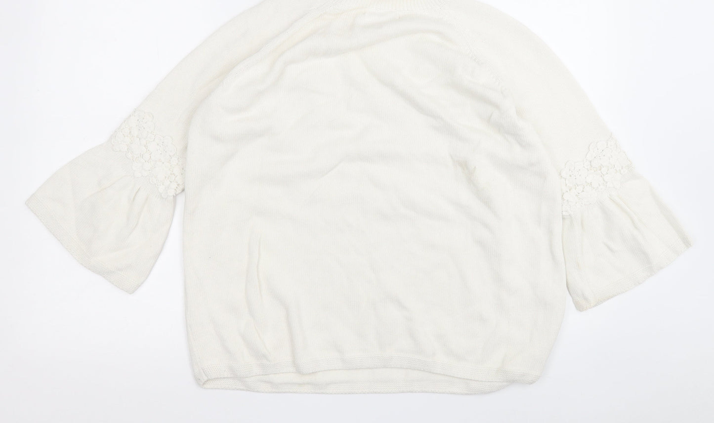 TU Womens White Round Neck Floral Cotton Pullover Jumper Size 18