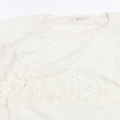 Tu Womens White Round Neck Floral Cotton Pullover Jumper Size 18