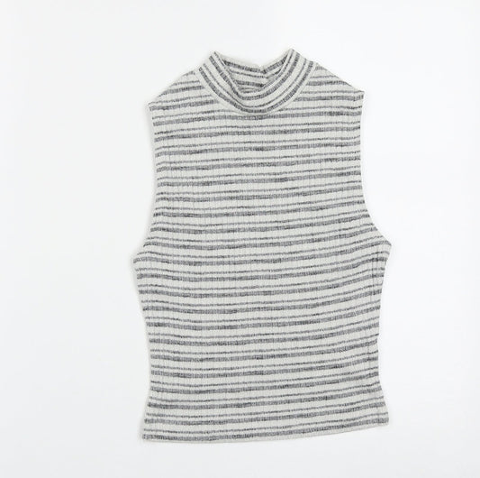 New Look Womens Grey Striped Cotton Basic Tank Size 8 High Neck
