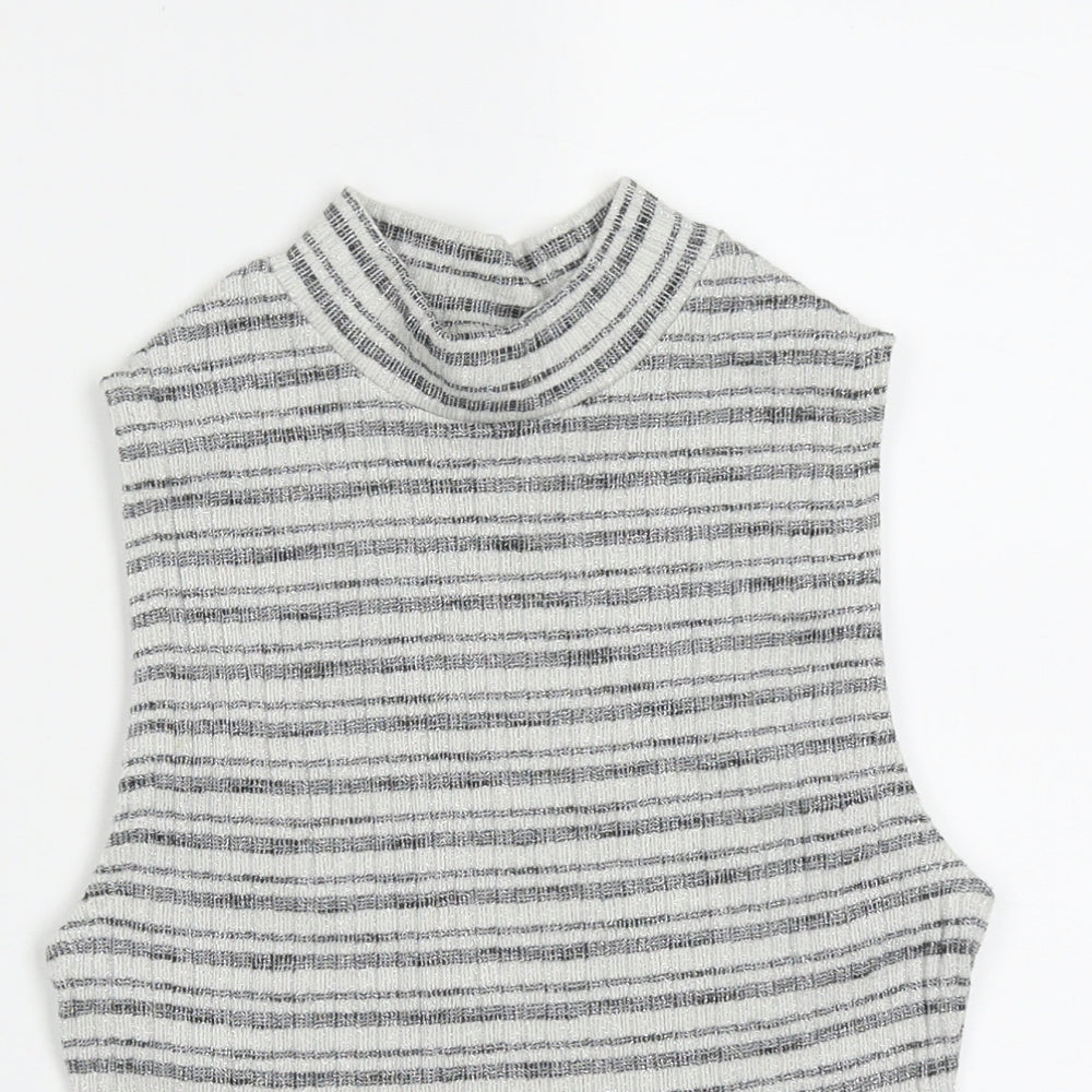 New Look Womens Grey Striped Cotton Basic Tank Size 8 High Neck
