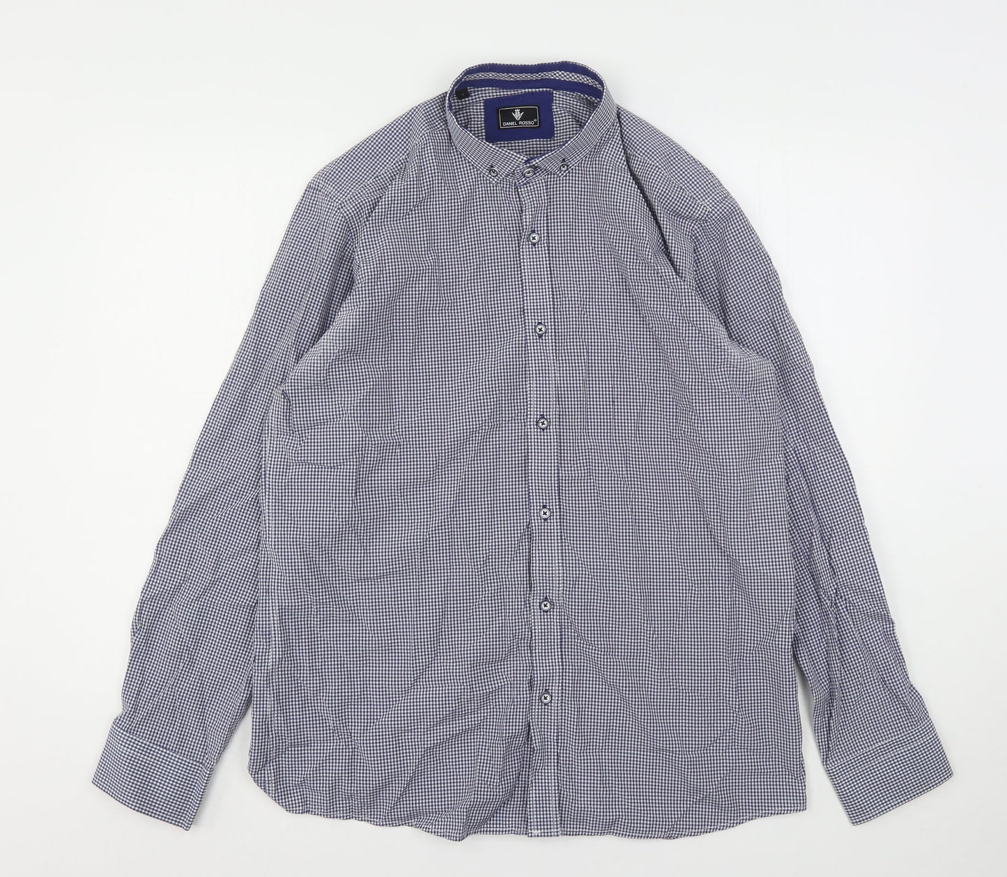 Daniel Rosso Mens Blue Check Cotton  Button-Up Size L Collared