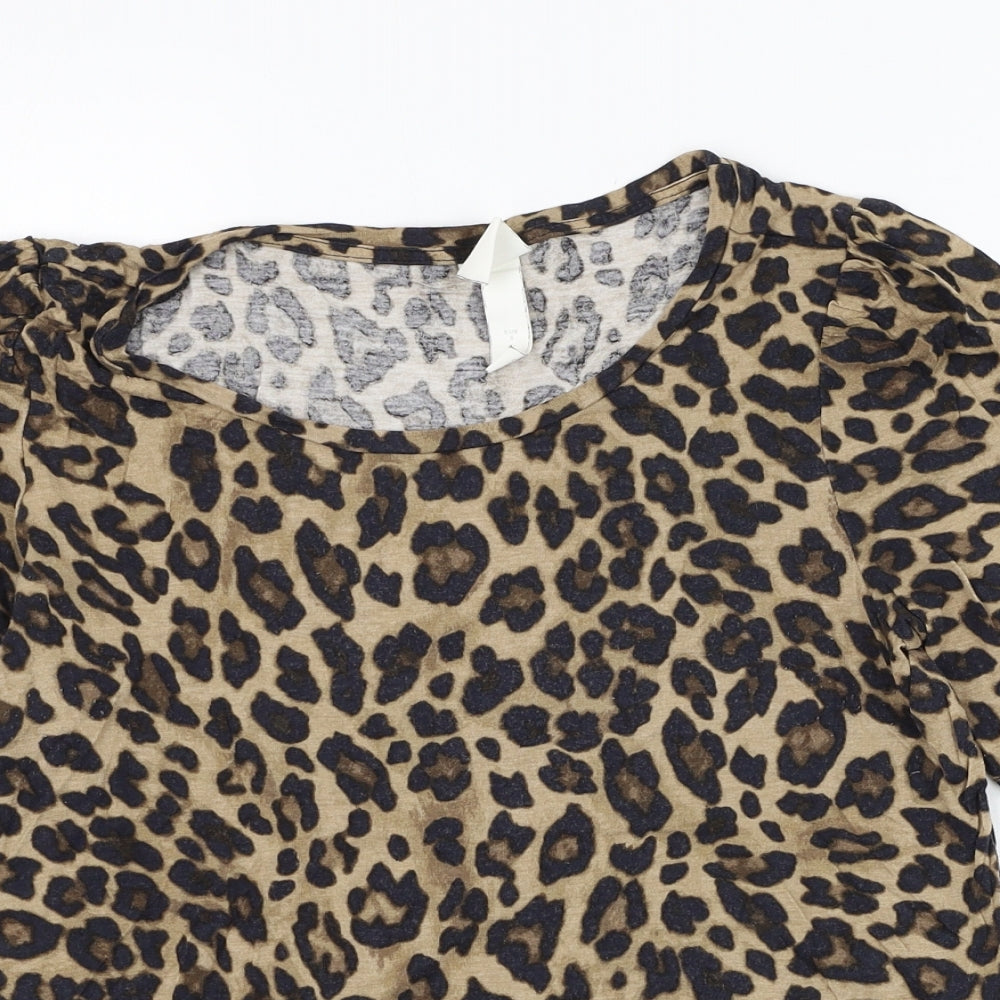 H&M Womens Brown Animal Print Viscose Basic T-Shirt Size S Round Neck