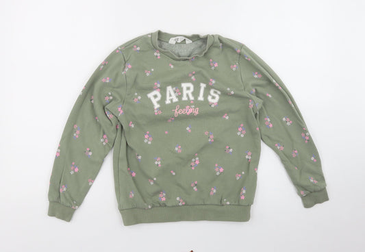 H&M Girls Green Floral Cotton Pullover Sweatshirt    - Paris