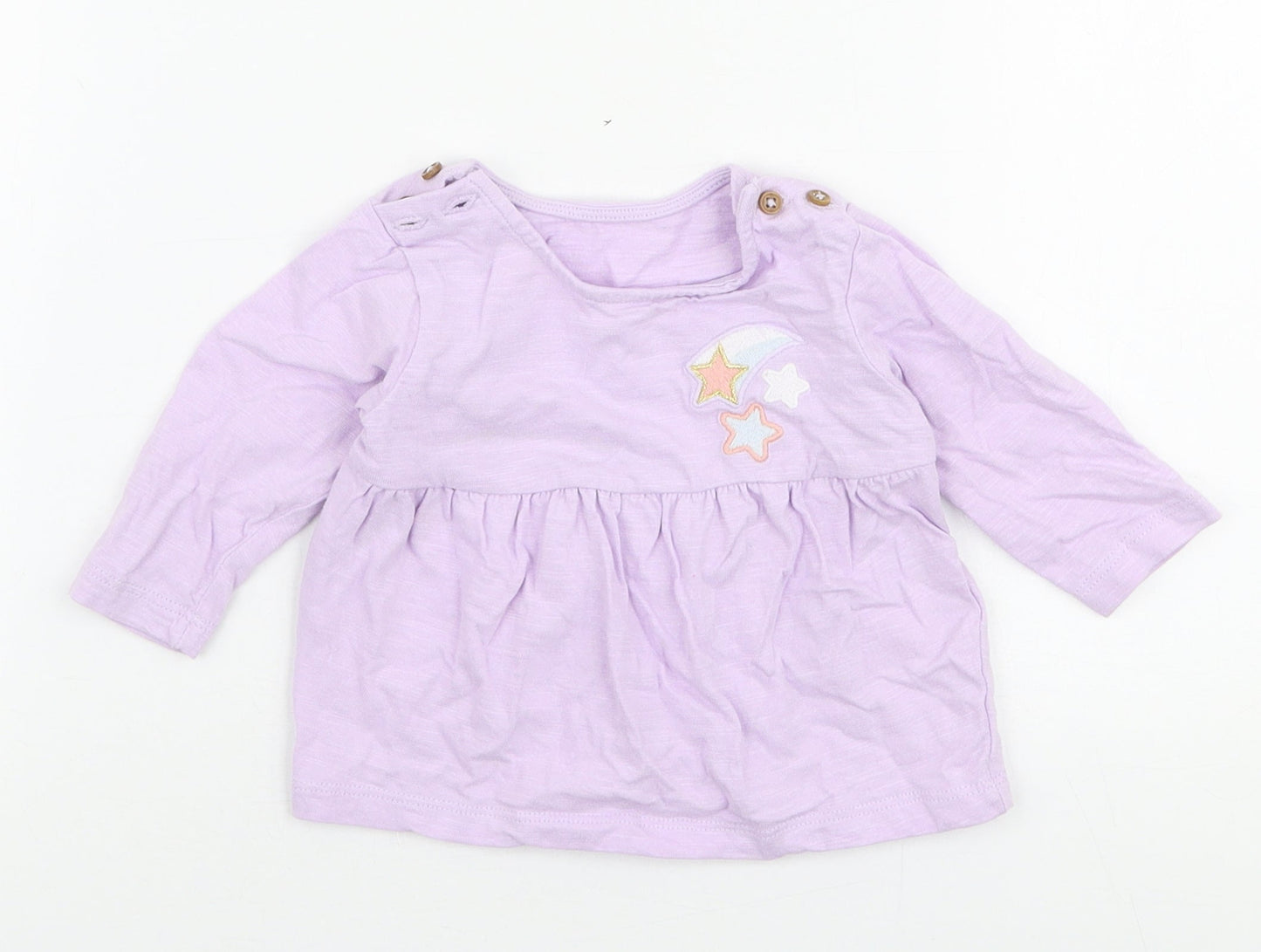 Marks and Spencer Girls Purple  100% Cotton Jersey T-Shirt Size 0-3 Months Round Neck Button - Stars