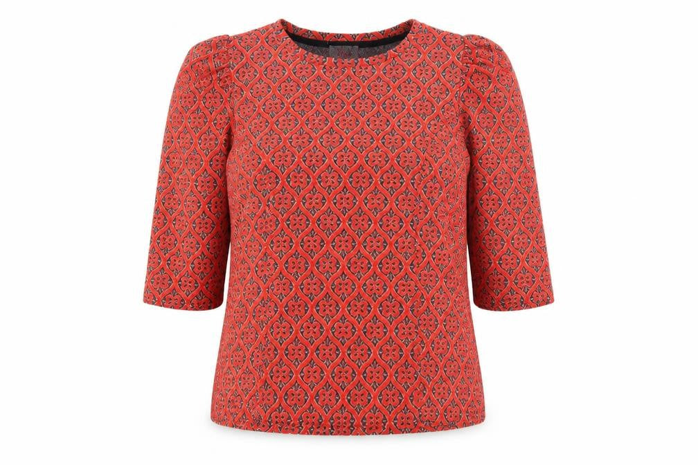 Savioa Womens Red Round Neck Geometric Polyester Pullover Jumper Size XL