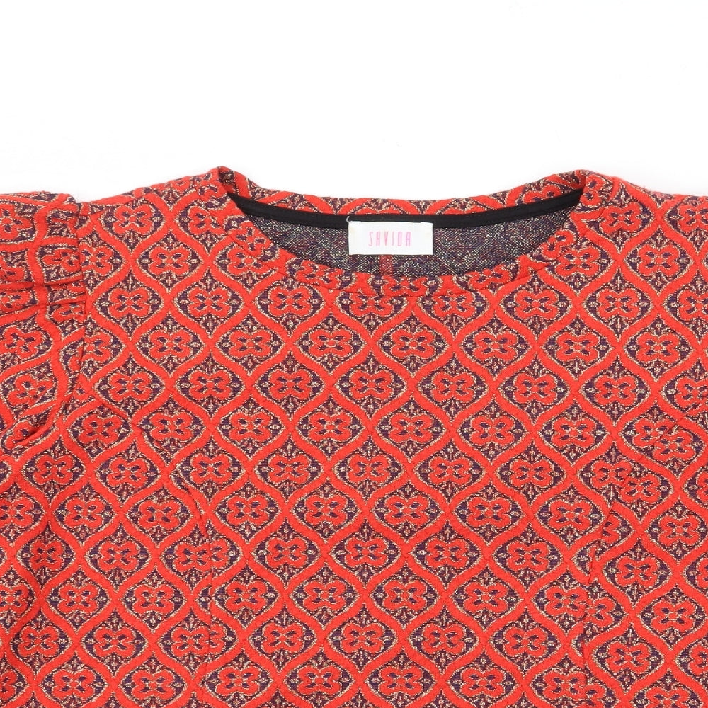 Savioa Womens Red Round Neck Geometric Polyester Pullover Jumper Size XL