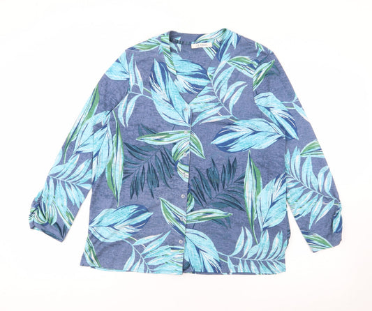 Classic Womens Blue V-Neck Floral Polyester Cardigan Jumper Size 14