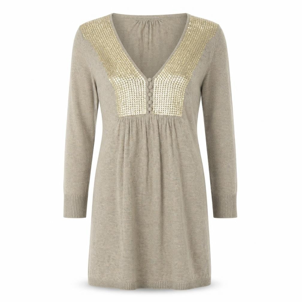 Principles Womens Gold Geometric Cotton Skater Dress  Size 10  V-Neck Button